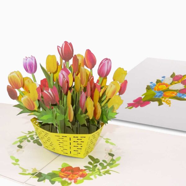 Carte 3D Pop-up Tulipes - bouquet de fleurs Explorez l'élégance tridimensionnelle avec nos cartes pop-up uniques ! Inspirées par l'art asiatique d'Origami et de Kirigami, elles marient design moderne et artisanat traditionnel. Parfaites pour célébrer des moments spéciaux, nos cartes offrent une expérience artistique inoubliable.  Chaque carte inclut une enveloppe assortie dans une pochette de protection. Offrez bien plus qu'une simple carte - offrez une touche artistique à vos émotions !